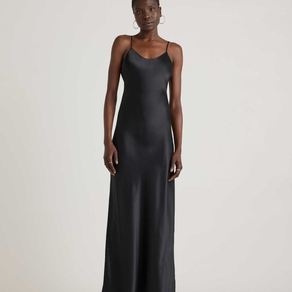 Quince Black Satin Maxi Slip Dress